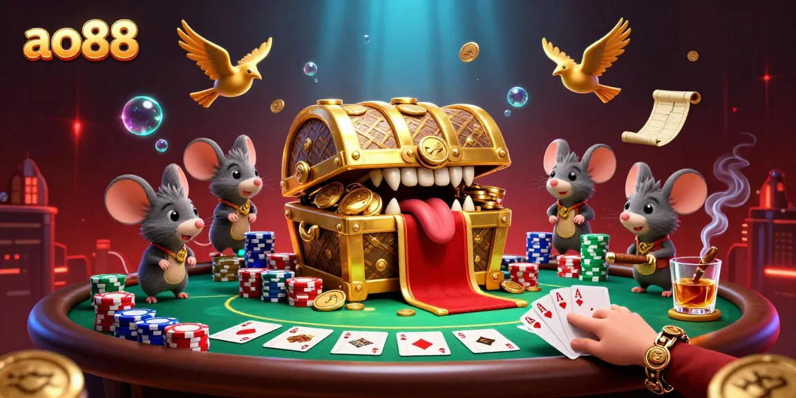 Engaging adventurers with riches at the ao88 casino, featuring a playful treasure chest and poker setup.