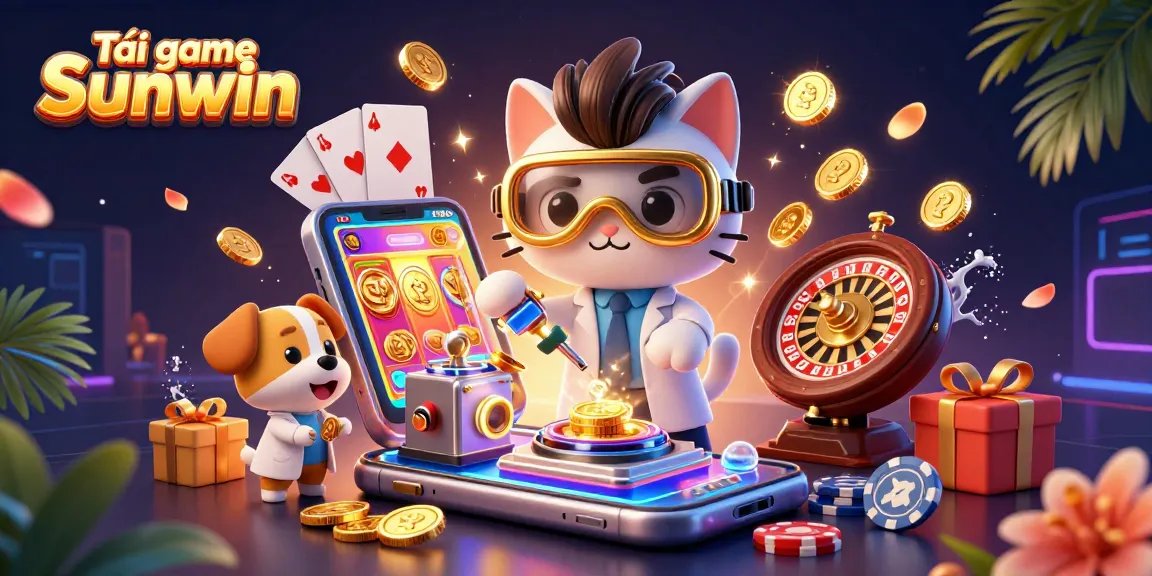 Tải game Sunwin with a mad scientist cat and assistant dog in a colorful casino-themed lab.