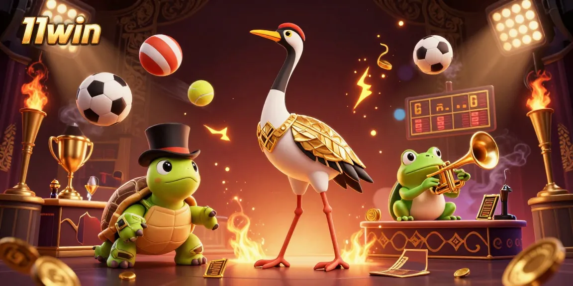 11win showcases a vibrant casino scene with a flapper crane, classy turtle, and trumpet frog.