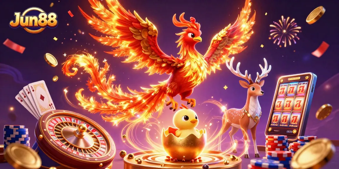 Experience the magic of Jun88 with vibrant gambling elements in an engaging 3D scene.