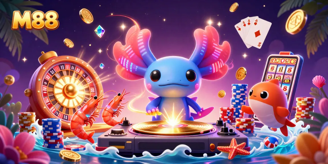 M88 captures the excitement of gaming with a vibrant 3D illustration of an axolotl DJ amidst golden coins and colorful poker chips