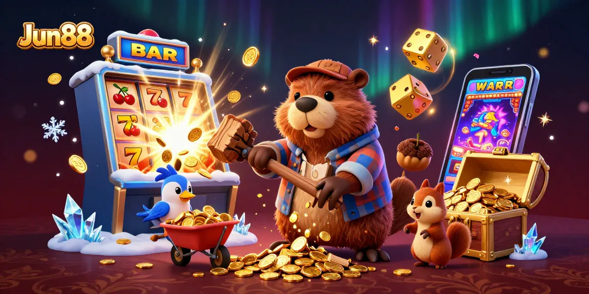 Experience thrilling excitement at Jun88 with the beaver collecting jackpot coins in a vibrant casino scene.