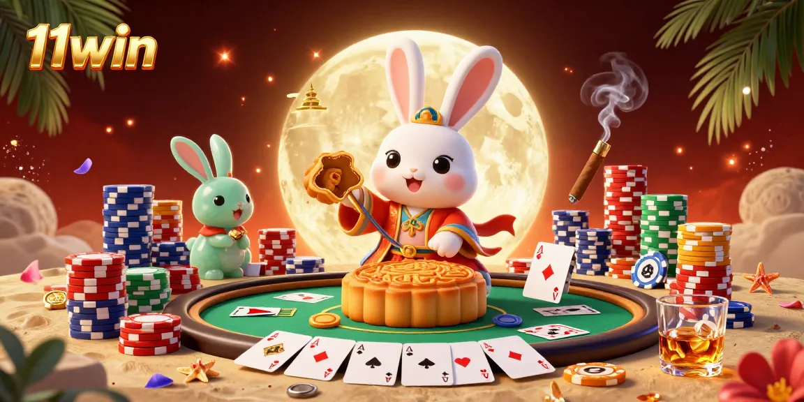 Experience thrilling poker action with 11win's charming moon rabbit and casino elements.