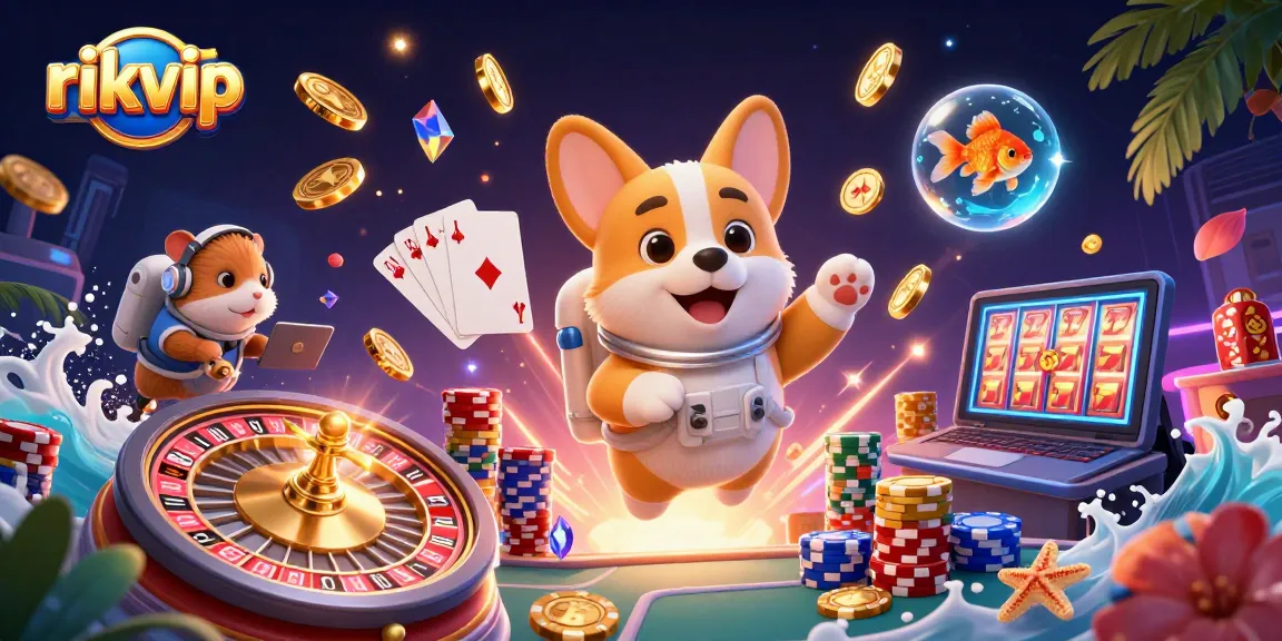 Experience thrilling gaming adventures at rikvip with vibrant characters and floating casino elements.