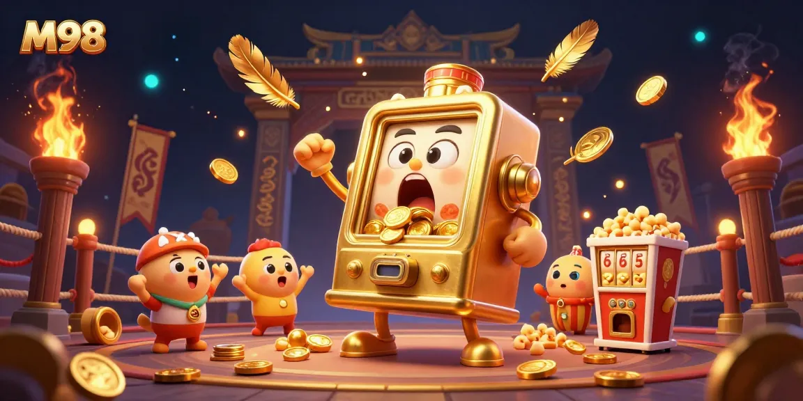 M98 celebrates a jackpot win with a golden slot machine and cheering baby slot machines in a vibrant casino scene.