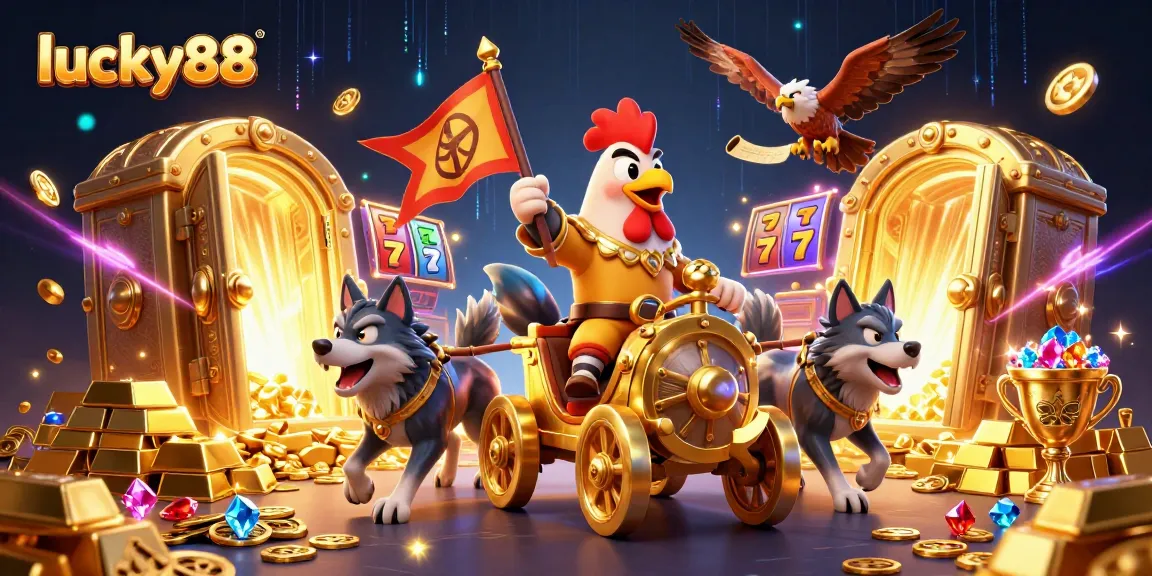 Immerse in the lucky88 fantasy with 3D rooster warlord and golden treasures sparkling around.