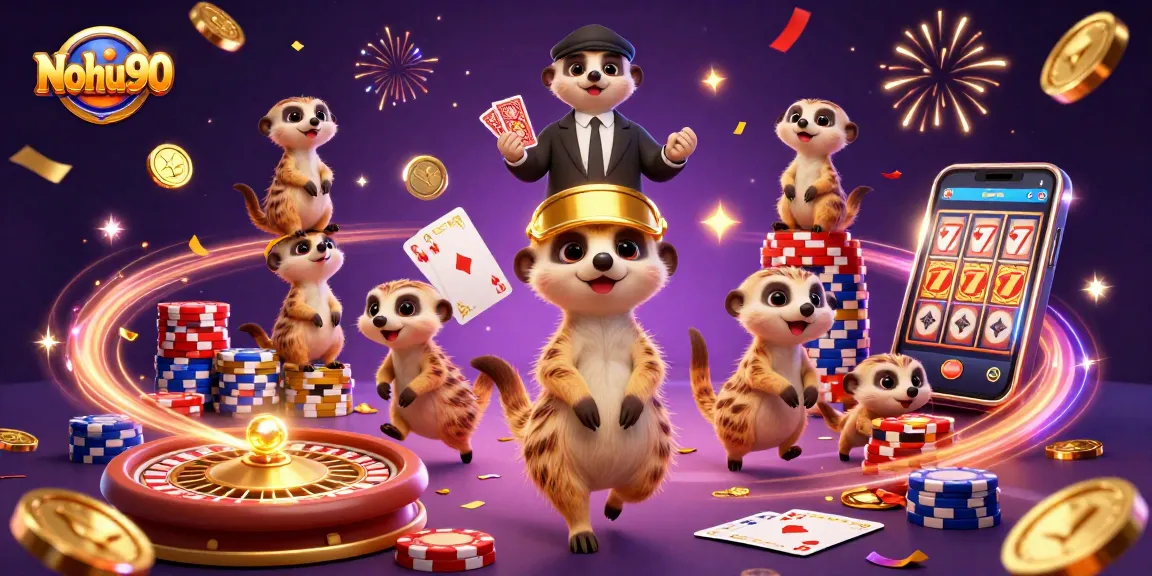 Experience the excitement of Nohu90 as meerkats run a vibrant casino with colorful game elements and dazzling effects.