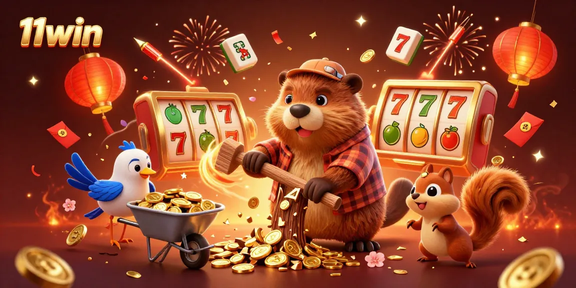 Spin the reels with 11win in a vibrant casino scene featuring coins and characters.