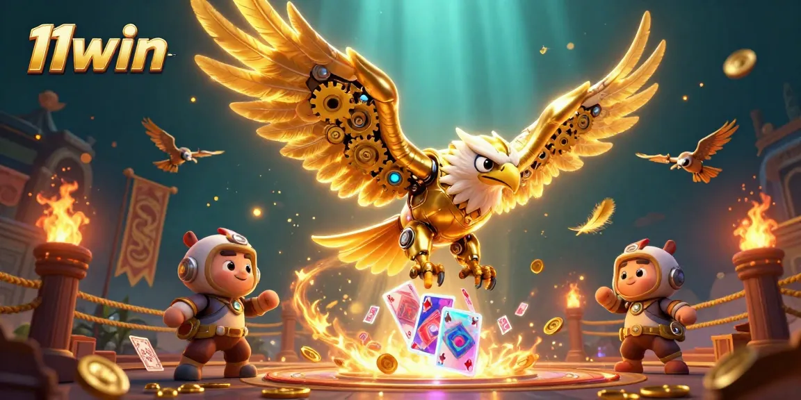Engage with 11win's vibrant casino illustration showcasing dynamic characters and game elements.
