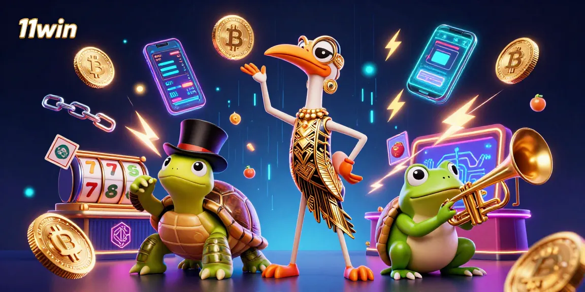 Experience the thrill of 11win at a vibrant casino scene with 3D characters and crypto elements.