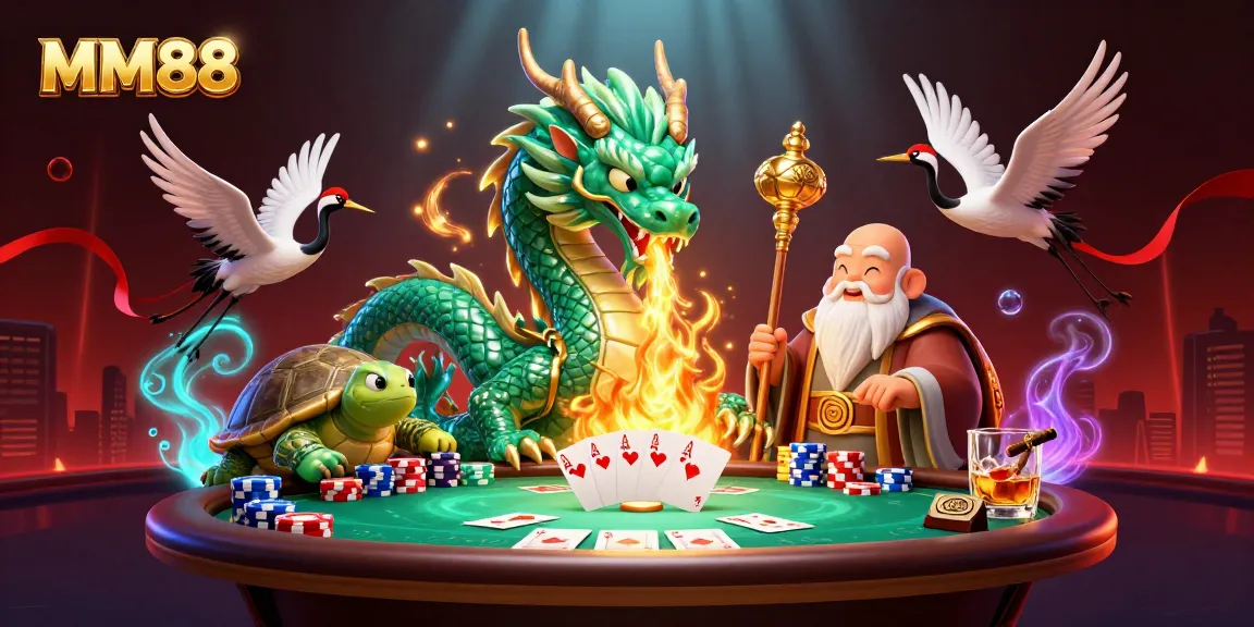 Experience thrilling gaming action at MM88 alongside characters and dynamic poker elements in a vibrant scene.