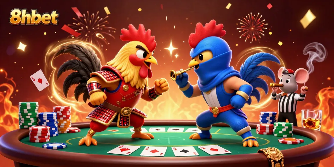 Experience intense action and excitement in 8xbet's ultimate poker showdown, featuring dynamic cartoon roosters.