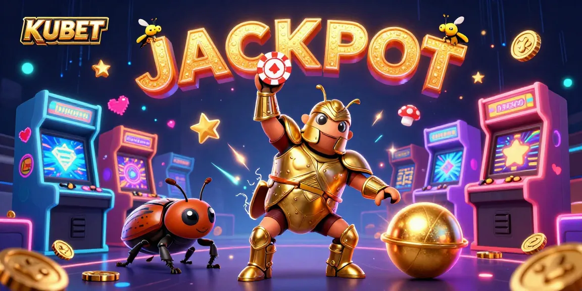 KUBET's dynamic casino adventure featuring a victorious beetle hero and vibrant gaming elements.