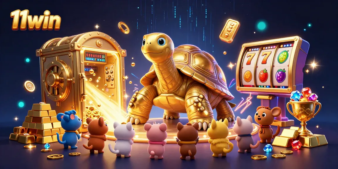 Engage with the vibrant 11win casino scene featuring a colossal tortoise pinball machine surrounded by treasures and gaming elements.