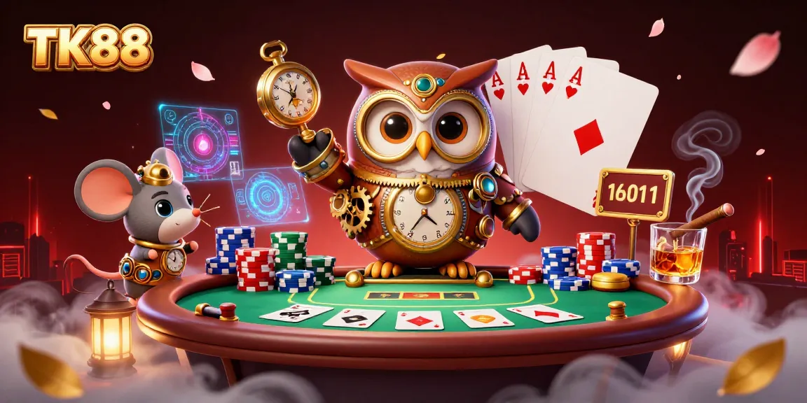 Experience exciting gaming moments at TK88 with a time-traveling owl in a vibrant casino scene.