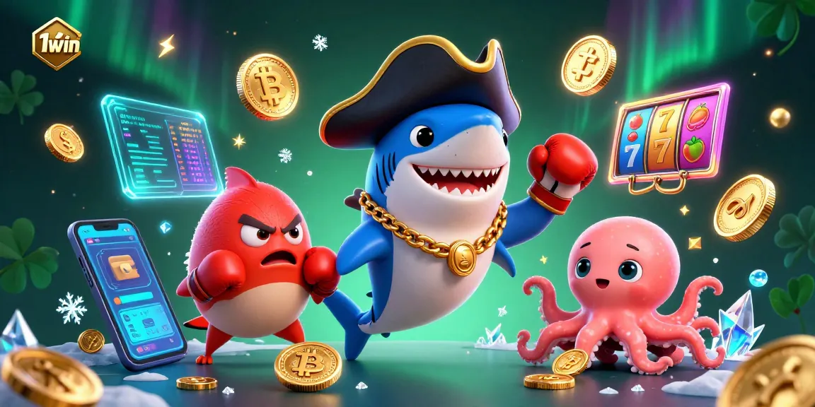Engage with 11win in a dynamic 3D scene featuring a pirate shark, pufferfish, and octopus amidst vibrant casino elements.