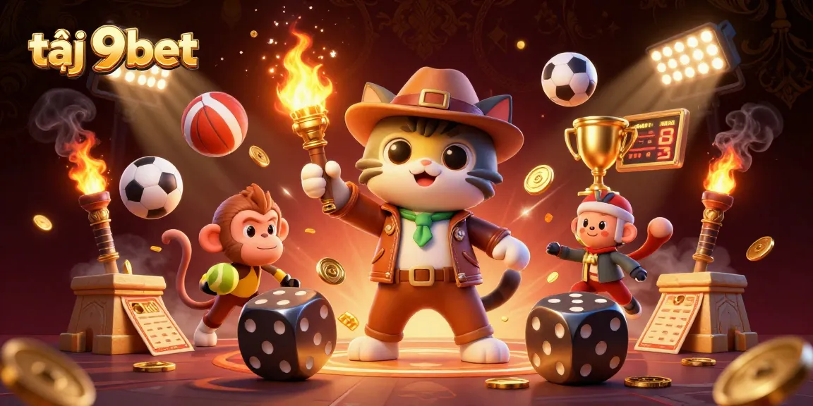 Experience the thrill at tại 9bet with an archaeologist cat uncovering golden artifacts amidst flying sports elements.