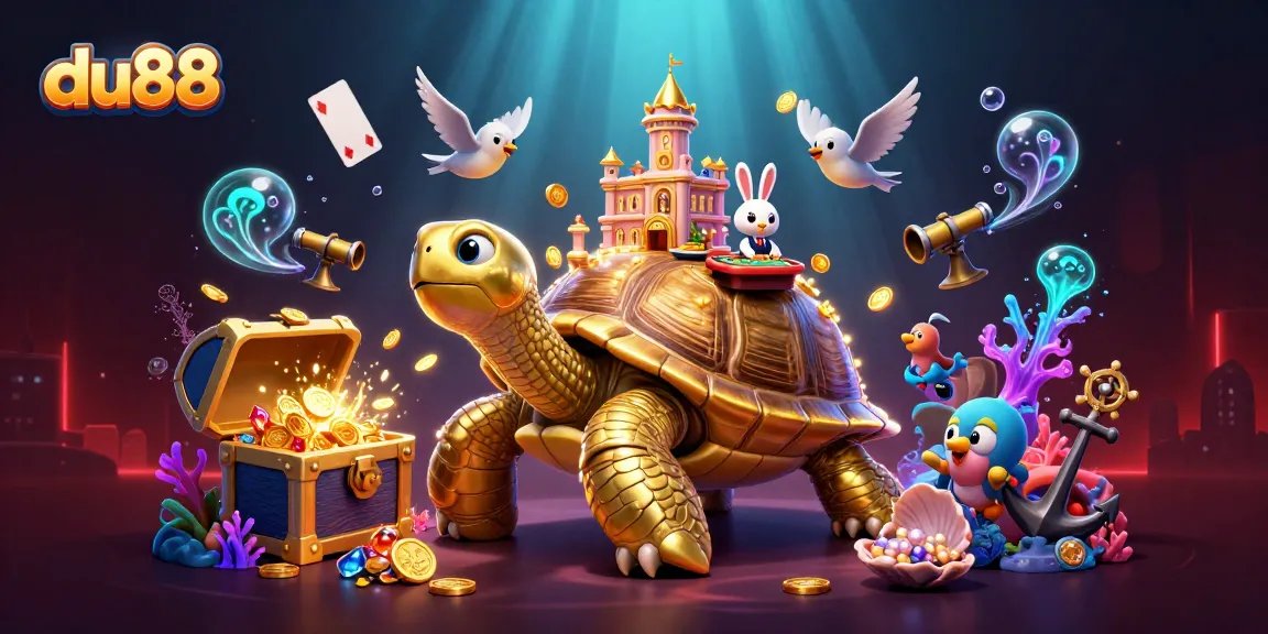 Experience vibrant gaming fun with du88's colorful 3D casino scene featuring a golden tortoise and rabbit dealer.
