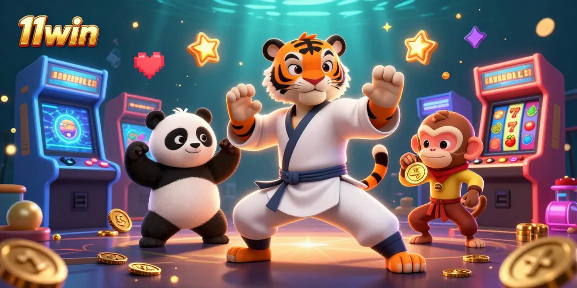 Join the playful adventure at 11win with a kung fu tiger, panda, and monkey in a vibrant casino scene!