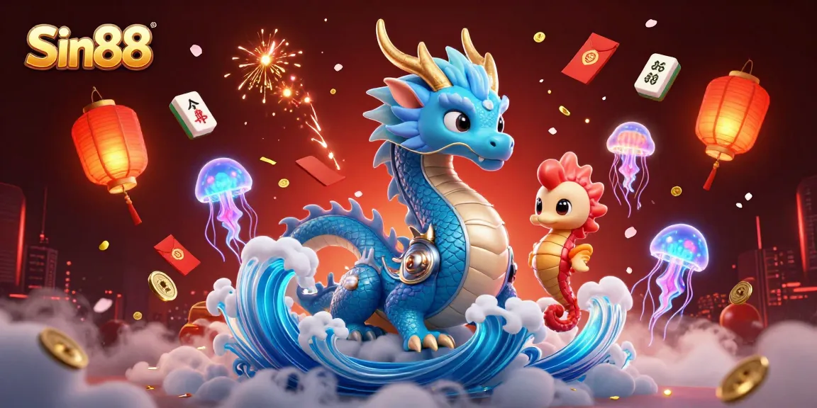 Engage with Sin88's magical scene featuring a water dragon, seahorse knight, and vibrant casino elements.