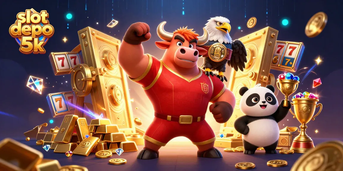Win big with slot depo 5k as a muscular bull mascot celebrates amidst treasure and excitement.