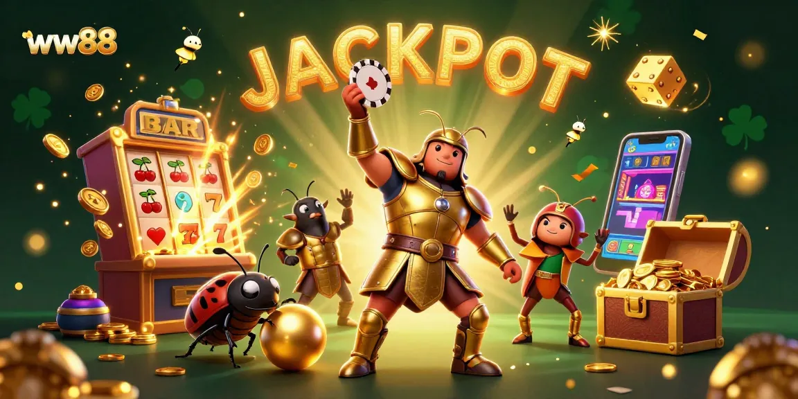 Experience thrilling wins at ww88 with a dynamic 3D illustration of a victorious beetle in a casino scene.